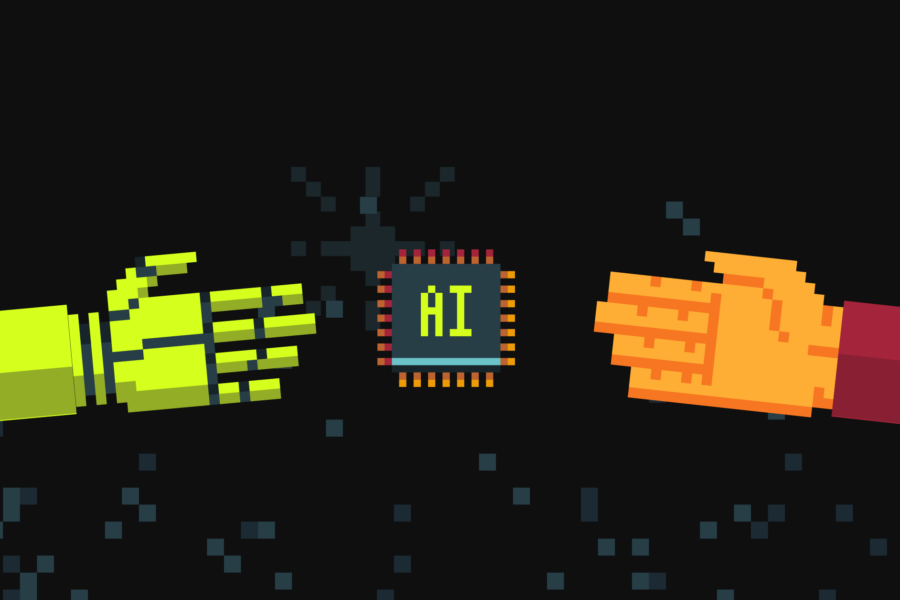 pixel art of hand and robot hand converging to a chip that says AI on it.
